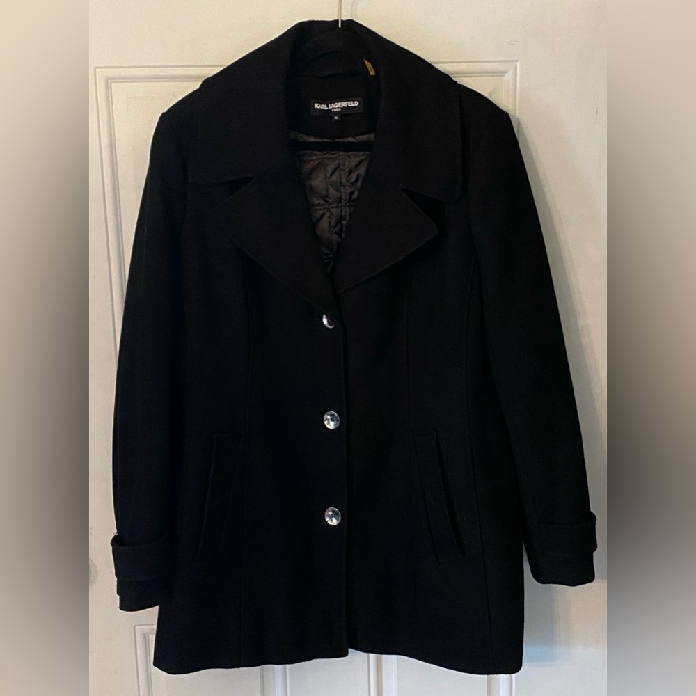 Karl Lagerfeld Paris Black Wool Pea Coat